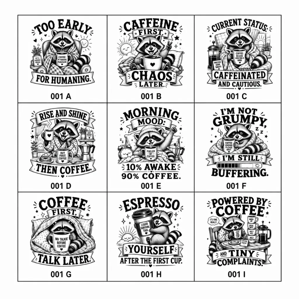 Engraved Coasters "Coffee & Raccoons" (Cork-Square, Too Early - 001 A)