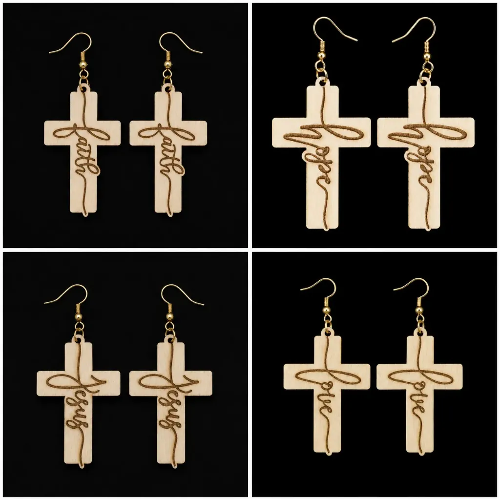 Cross Earrings With Script: Faith, Hope, Love, Jesus (laser cut) (Gold Plated French Hooks, Hope)